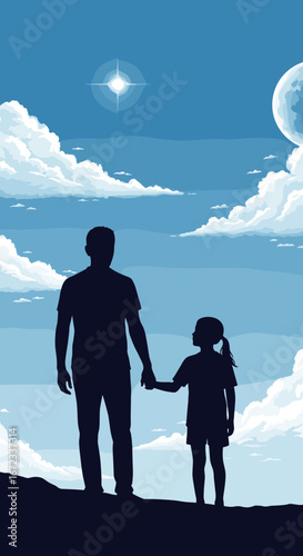 Father and daughter gazing at the vast celestial sky holding hands together on a hilltop under a bright star and a full moon with puffy clouds
