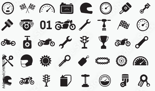 "A detailed collection of vector icons representing various motorbike parts and tools. Includes illustrations of helmets, engines, gears, spanners, wheels, and other motorcycle-related elements