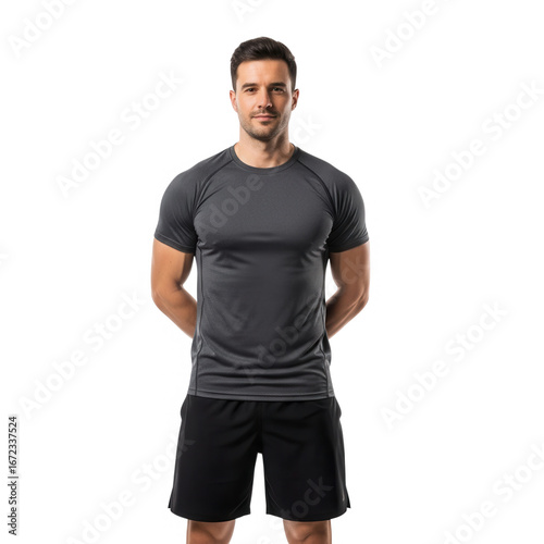 Fit man in grey athletic t-shirt and black shorts standing confidently ready for workout transparent background