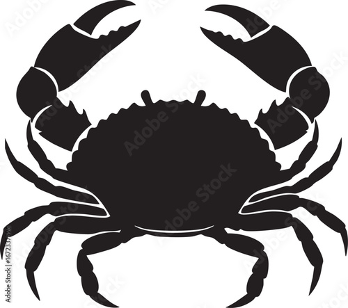 Black silhouette of a crab with raised claws on white background