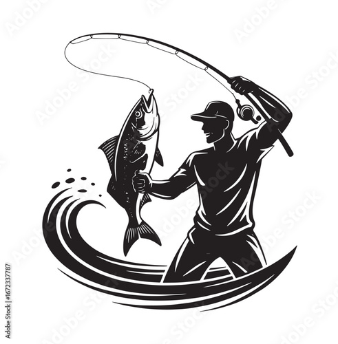 Fisherman Holding Big Fish Catch – Vector Fishing Logo Illustration