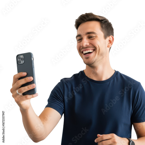 Smiling man in dark t-shirt holding smartphone looking at screen with excitement transparent background
