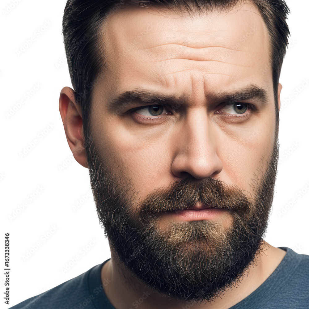 Fototapeta premium Close up portrait of a serious man with a beard looking intensely forward with a determined expression transparent background