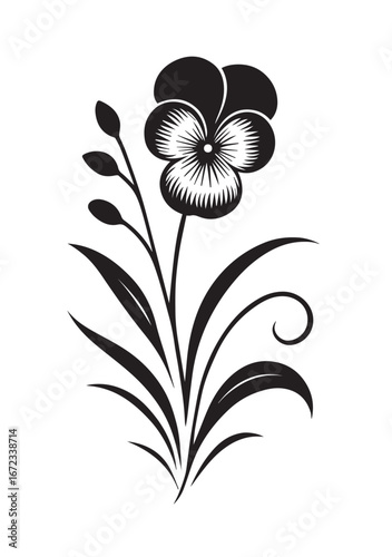 Black silhouette of a pansy flower with buds and leaves on white background floral bloom