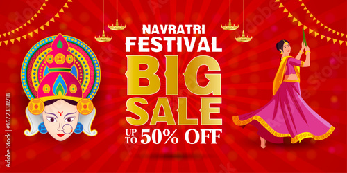Traditional Navratri big sale vector background with dancing woman, goddess illustration, festive diyas, and bright red backdrop. Perfect for advertising, offers, and promotions during Indian festival