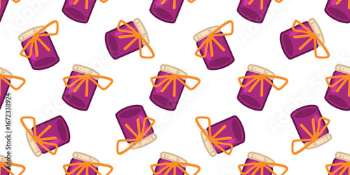 Seamless Cartoon Jam Jar Pattern. Purple cartoon jam jars with orange bows in flat style. Seamless sweet food pattern on white background.
