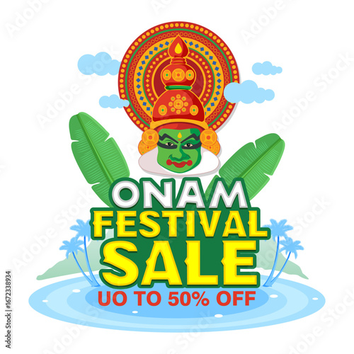 Kerala Onam festival promotional vector design with Kathakali face, banana leaves, coconut trees and water background. Perfect for traditional Indian festival marketing, offers, and digital sale.