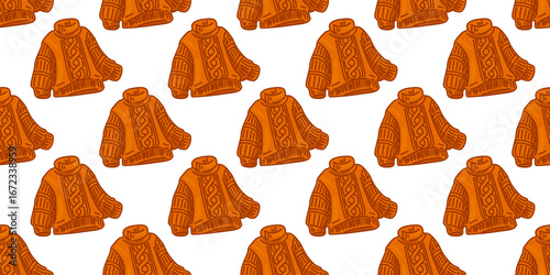Seamless Cartoon Winter Sweater Pattern. Orange cartoon sweaters with knitted pattern in flat style. Seamless cozy winter clothing pattern on white background.