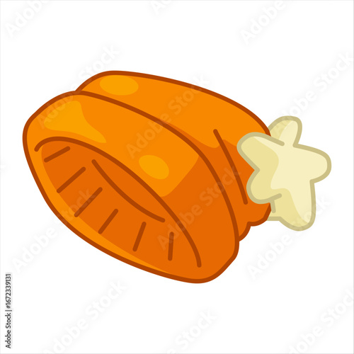 Orange Cartoon Winter Beanie. Bright orange beanie hat with pompom in cartoon style. Flat colorful illustration on white background.