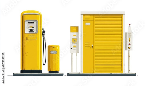 Retro yellow gas station pump and kiosk