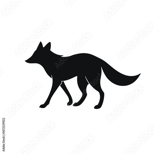 Fox silhouette walking isolated on white background, a wild animal in nature, a predator in the forest, a canine with a bushy tail, a mammal with fur, a symbol of cunning and intelligence