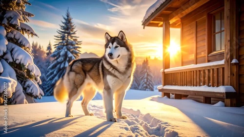 Husky dog winter sunrise cabin