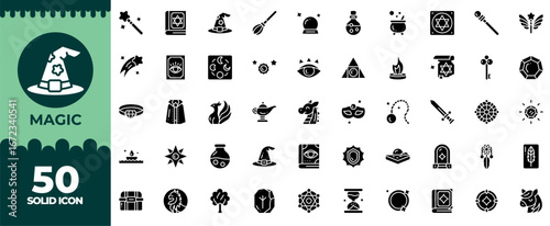 Magic Editable Icons set. Vector illustration in modern thin solid style of magic related icons: trick, wand, magical, and more. Isolated on transparent background