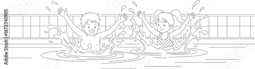 Swimming pool water splash kids boy girl summer fun swim activity happy joy