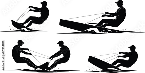 Dynamic silhouettes of a person wakeboarding in four different poses showing action and movement