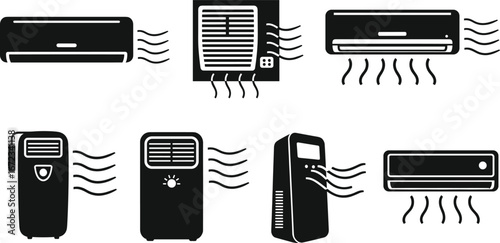 Set of air conditioner icons with airflow, portable and wall-mounted cooling systems, black illustration for ventilation and HVAC design needs