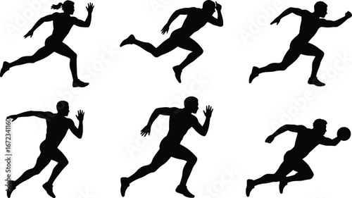 Dynamic silhouettes of athletes running in various poses captured in motion