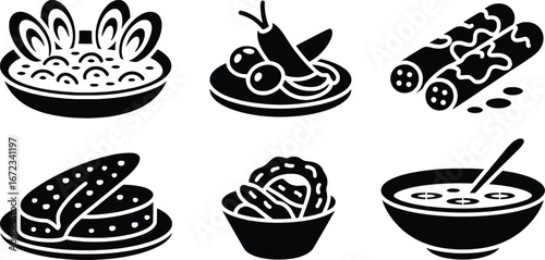 Six stylized black and white icons representing diverse appetizers and dishes