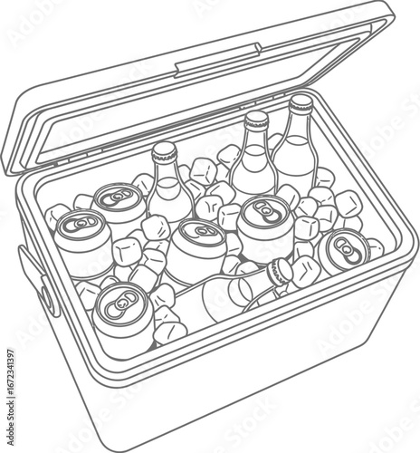 Cooler ice drinks beverages cans bottles refreshment summer party picnic cold chill