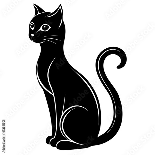 Black silhouette of a sitting cat with white accents