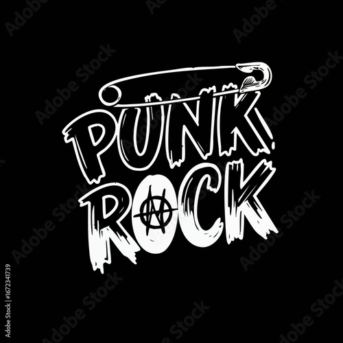 Hand-drawn grunge style "Punk Rock" text with safety pin and anarchy symbol, isolated on black, representing music and rebellion culture.