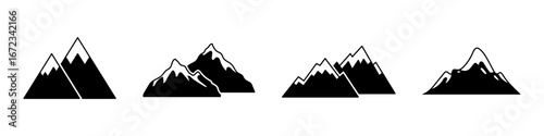 Set of mountain icons with snow peaks in minimalist black silhouette style. Adventure, nature and outdoor travel concept