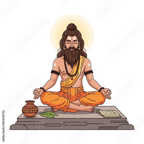 Vector character of an ancient Indian Rishi meditating for spiritual enlightenment