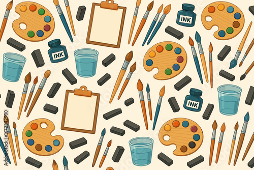 Colorful art supplies arranged on a beige background featuring palettes, brushes, and sketchpads used by artists for creativity and expression
