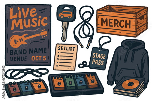 Live Music Tour Essentials Illustration with Pedalboard, Setlist, Hoodie, Stage Pass, Cables, and Merch in Hand-Drawn Style