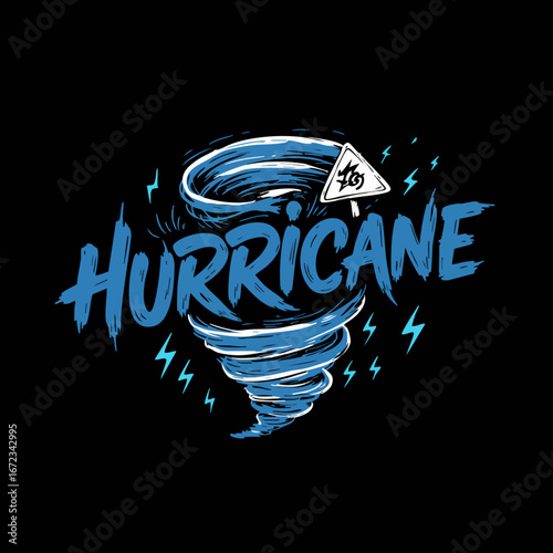 Bold "Hurricane" typography with a dynamic swirling vortex, warning sign, and lightning bolts on a black background.