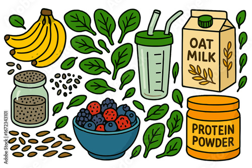 Colorful arrangement of healthy ingredients on a white background showcasing a nutritious smoothie preparation