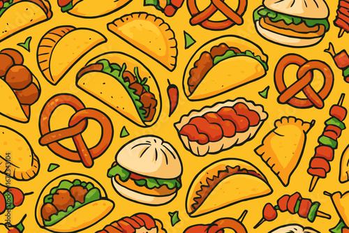 Colorful food pattern featuring various snacks and dishes on a bright yellow background in a playful design style