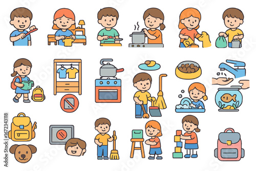 Kids engaging in various daily activities at home during a sunny afternoon