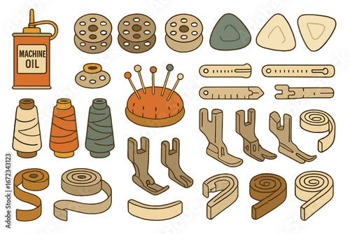 Collection of Sewing Machine Accessories and Tools, Colorful Illustrated Set with Bobbins, Threads, Presser Feet, Tape Measures, Chalk, Pincushion, and Machine Oil on Gradient Background