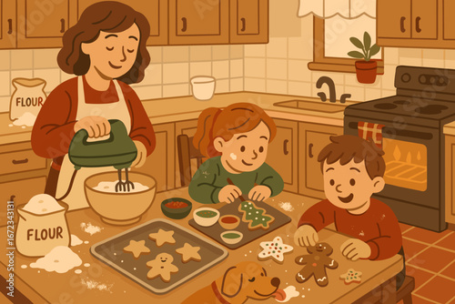 Happy family baking and decorating holiday cookies together in cozy kitchen with playful dog