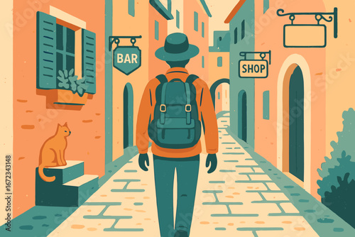 Illustration of traveler walking through charming European alley with backpack and hat, passing colorful buildings, bar and shop signs, and a cat on stone steps