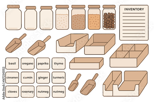 Organized kitchen inventory layout with spice jars and empty containers for efficient meal preparation