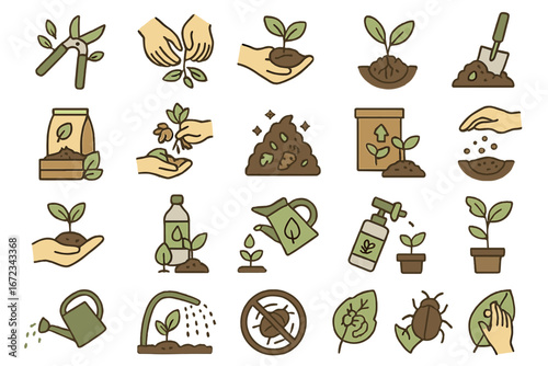 Gardening and plant care icon set with tools, watering cans, seedlings, compost, fertilizer, pest control, seed planting, pruning, and hand care for plants on green gradient background