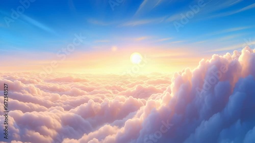 Expansive aerial view capturing layered cumulus cloud formations bathed in golden sunrise light, revealing dramatic atmospheric perspective with soft color gradient
