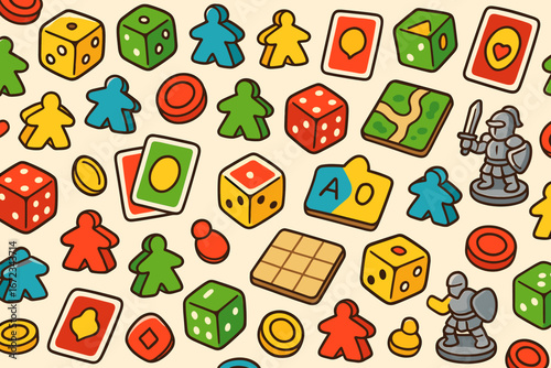 Seamless pattern of colorful board game pieces, dice, cards, tiles, tokens, and figurines, playful tabletop gaming illustration on beige background