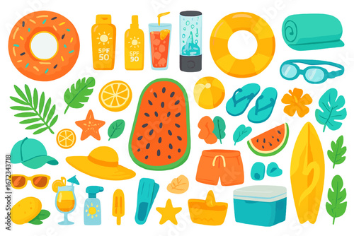 Summer beach essentials for a perfect day by the water featuring colorful accessories and refreshing snacks