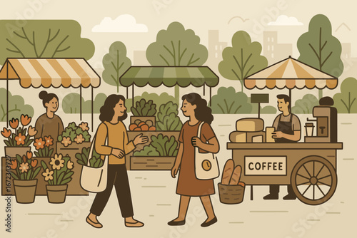 Two women chatting at an outdoor market while browsing fresh produce and flowers in a sunny urban setting