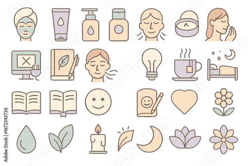 Various icons representing self-care activities and wellness practices in a calming, minimalist style