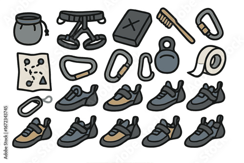 Hand-Drawn Rock Climbing Gear Icons with Shoes, Chalk Bag, Carabiners, Harness, Brush, Tape, and Training Tools