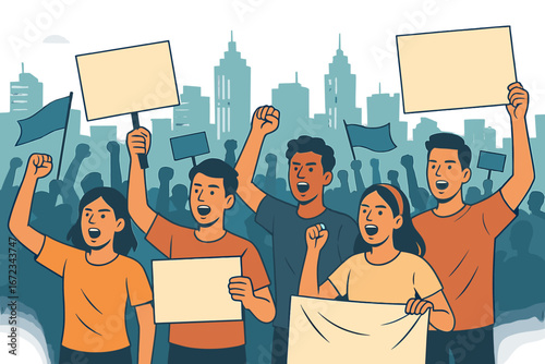 Group of people protesting with blank signs and banners in an urban demonstration