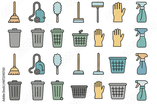 Cleaning supplies collection featuring various tools and items for household maintenance and sanitation tasks