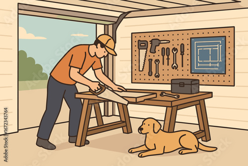 Man Woodworking in Garage Workshop with Hand Saw, Tools on Wall, and Dog Lying Nearby on Floor
