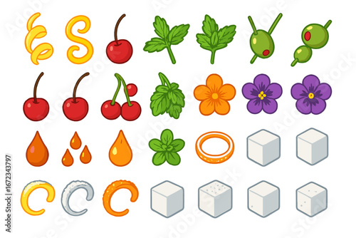 Colorful Cocktail Garnish Icon Set – Citrus Twists, Cherries, Olives, Mint Leaves, Syrup Drops, Edible Flowers, Citrus Slices, and Sugar Cubes on Gradient Background