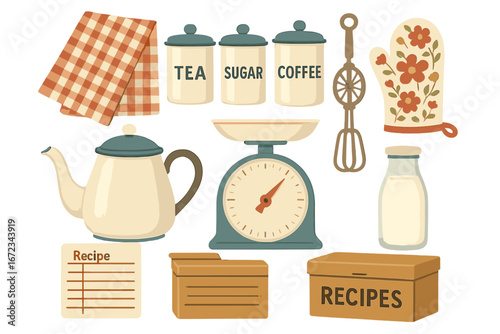 Vintage kitchen utensil and baking icon set with warm beige gradient background, featuring tea, sugar, coffee canisters, kettle, weighing scale, milk bottle