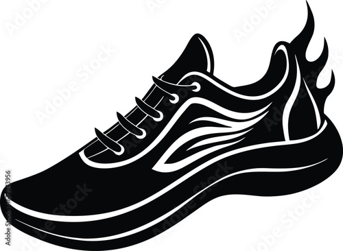 Vector art of black and white illustration of a running shoe with flames on the heel